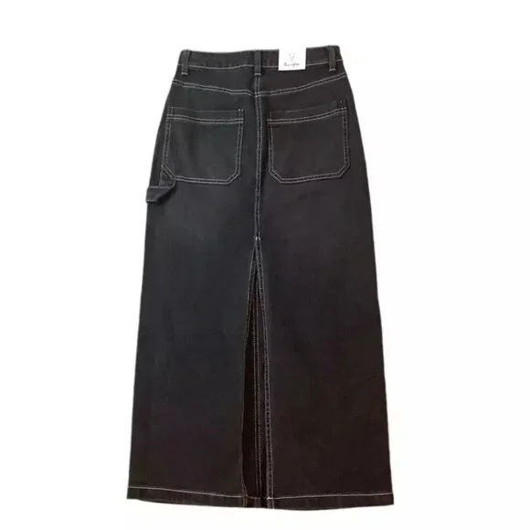 New LOVE FIRE Cargo Denim Maxi Jean Skirt Black Size 0 Love Fire Back Slit Tags - Picture 2 of 9